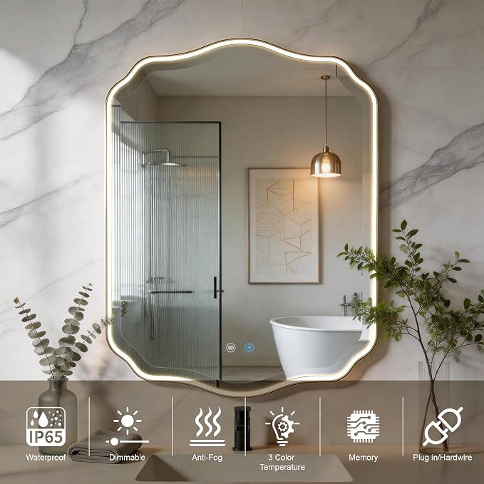 POZINO 30"x22" Scalloped LED Bathroom Mirror with Lights, Black Metal Frame | Beveled Edge, 3 Color Dimmable, Anti-Fog, Memory Function, IP65 Waterproof, Smart Bathroom Vanity Mirror with Front Lights