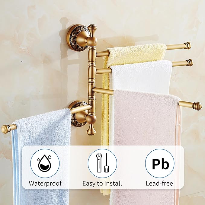 Swivel Towel Rack for Bathroom, Antique Bronze Folding 4 Arms Hand Towel Bars Towel Hanger for Laundry, Wall Mount Storage Space Saving,Pattern Carving Design