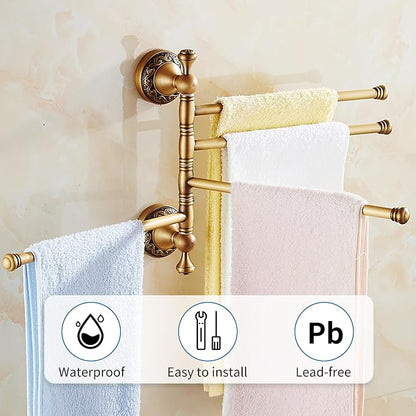 Swivel Towel Rack for Bathroom, Antique Bronze Folding 4 Arms Hand Towel Bars Towel Hanger for Laundry, Wall Mount Storage Space Saving,Pattern Carving Design