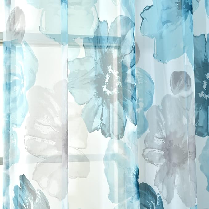 Lush Decor Leah Floral Sheer Window Curtain Panels Pair 52"W x 84"L Blue - Floral Curtains for Bedroom - Sheer Curtains for Living Room