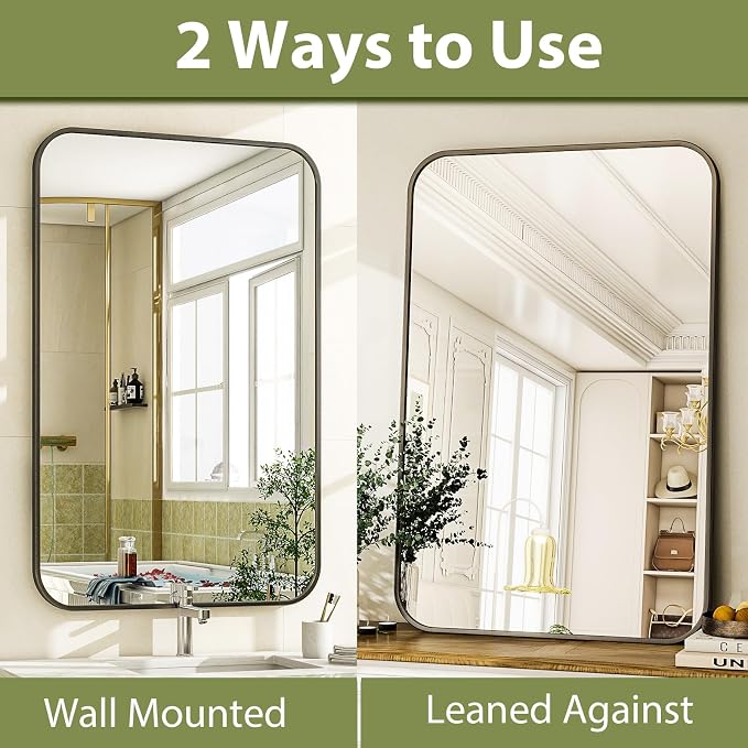Easly 30 x 40 Inch Bathroom Mirror, Rounded Rectangular Vanity Mirror for Wall, Modern Mirror for Room Decor, Black Framed Wall-Mounted Mirrors for Home Decor, Hangs Horizontally or Vertically