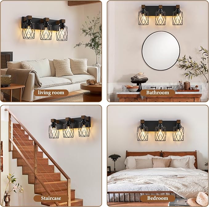 Farmhouse 3-Light Wood Bathroom Vanity Light, Black Metal Cage Shade | Mounted Over Mirror, Industrial Rustic Style, Ideal for Bathroom, Bedroom, Hallway & Living Room, Easy To Install