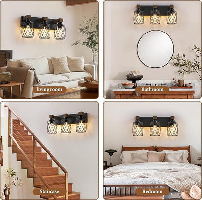 Farmhouse 3-Light Wood Bathroom Vanity Light, Black Metal Cage Shade | Mounted Over Mirror, Industrial Rustic Style, Ideal for Bathroom, Bedroom, Hallway & Living Room, Easy To Install