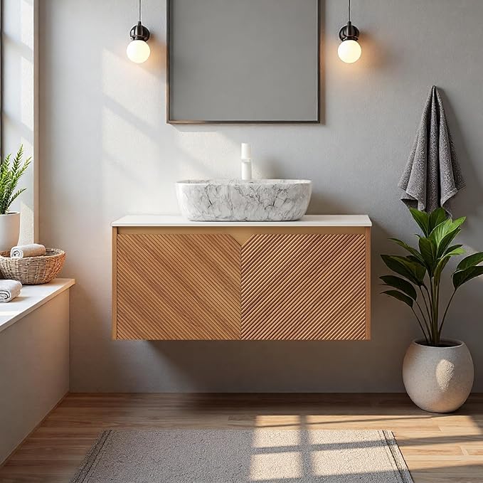 Floating Bathroom Vanity with Sink, 36" Bathroom Storage Cabinet with Sintered Stone Countertop & Marble-Pattern Ceramic Basin, Wall-Mounted Vanity with 2 Twill Pattern Doors, Brown Oak