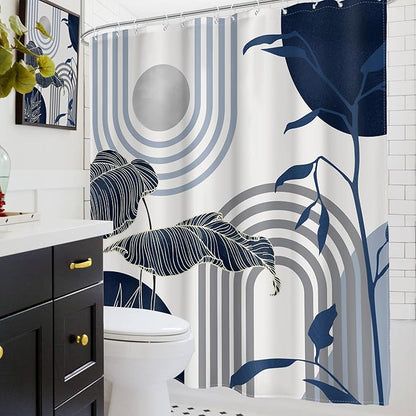 Glawry Mid Century Abstract Shower Curtain Blue Grey Boho Palm Tree Leaf Sun Arch Minimalist Geometric Bathroom Modern Aesthetic 60Wx72L Inches Bath Accessories Art Home Decor Fabric 12 Pack Hook