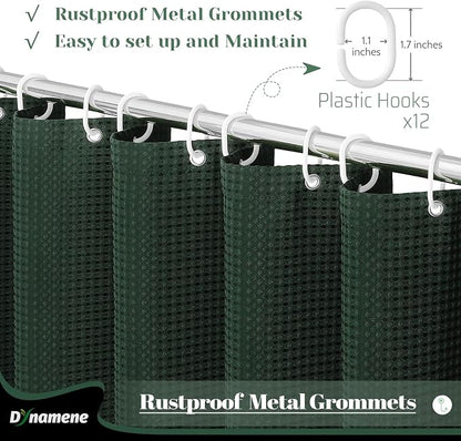 Long Waffle Shower Curtain 256 GSM Heavy Fabric 72x78 Dark Green | 78 Inch Long, Thick Cloth, Weighted Hem, Water Repellent, Tall Hotel Luxury Polyester Shower Curtains for Bathroom 12 Hooks