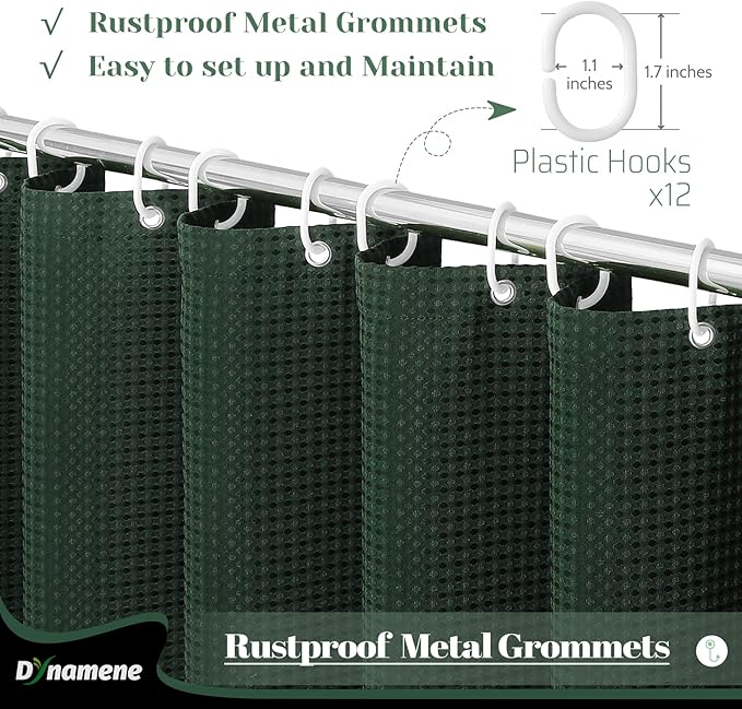 Extra Long Waffle Shower Curtain 256 GSM Fabric 72"x84" Dark Green | 84 Inch Long, Thick Cloth, Weighted Hem, Water Repellent, Tall Hotel Luxury Polyester Shower Curtains for Bathroom 12 Hooks