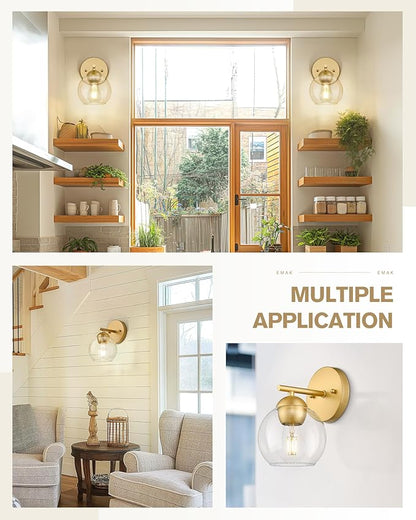 Emak 2 Light Bathroom Vanity Light, Modern Gold Wall Sconce with Clear Glass Shade, Globe Wall Lights for Living Room, Pictures, Bedroom, Bathroom, Hallway, WS114-GD-2PK