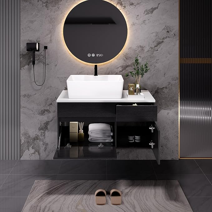 31.5" Black Bathroom Vanity with Counter Top Sink Combo, Wall Mounted Bathroom Cabinet with Ceramic Vessel Sink, 2 Soft Close Cabinet Doors & Drawer, Floating Modern Bathroom Vanity for Small Space