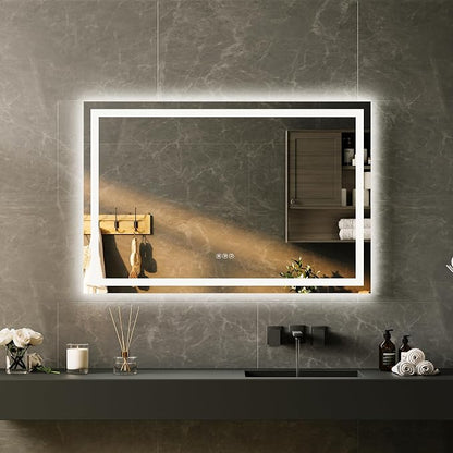 LED Bathroom Mirror 45 x 30 inch, Lighted Bathroom Vanity Mirror with Front Light and Backlit Ambient Light, Frameless Wall Mounted Mirror with Adjustable Color Temperature, 5mm HD Glass