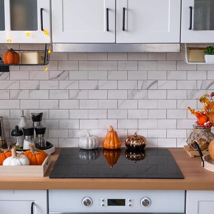 Yipscazo Peel and Stick backsplash 3 x 6 Inches 3D PVC Composite Wall Tile Stick on Backsplash Tile for Kitchen Bathroom, Laundry Room, Fireplace(Skin Marble White Gray, 160 Pieces)