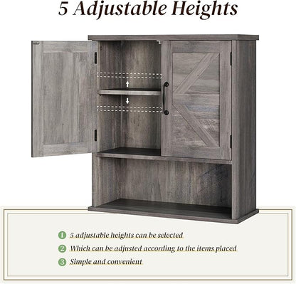 Smuxee Farmhouse Bathroom Cabinet Wall Mounted, Washed Grey Small Medicine Cabinet with Adjustable Shelf, Bathroom Cabinet for Living Room, Laundry Room