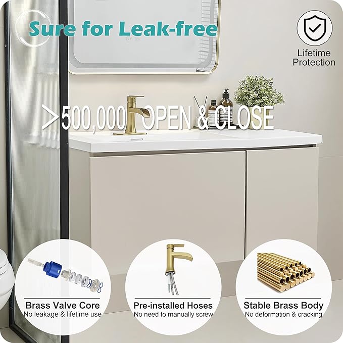 Brushed Gold Waterfall Bathroom Faucet Single Handle, 4 Inch 1 or 3 Hole Brass Bathroom Sink Faucets with Pop-Up Drain & Deck Plate for Vanity, Restroom, RV, Modern, 5 Mins Quick Install