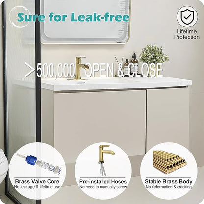 Brushed Gold Waterfall Bathroom Faucet Single Handle, 4 Inch 1 or 3 Hole Brass Bathroom Sink Faucets with Pop-Up Drain & Deck Plate for Vanity, Restroom, RV, Modern, 5 Mins Quick Install