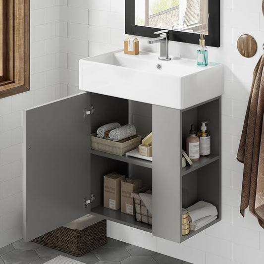 Merax 20 Inch Bathroom Vanity, Floating Sink Vanity Combo, Modern Wall Mount Bathroom Cabinet with Ceramic Integrated Sink for Small Space,Gray