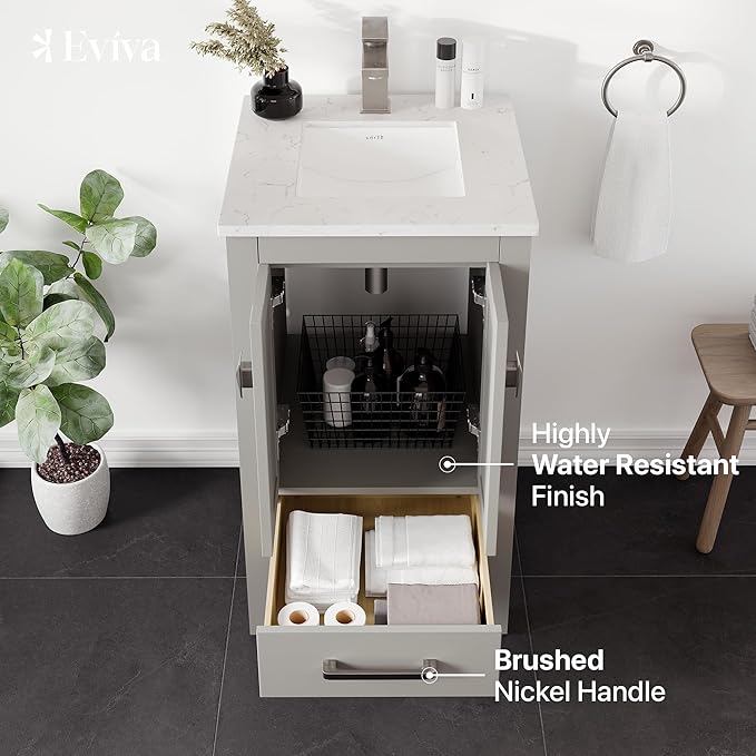 Eviva London 20 Inch Bathroom Vanity with Sink - Grey Vanity Bathroom, Porcelain Sink and Quartz Countertop, Freestanding 20 Vanity with Sink Combo, Ideal Bathroom Vanities for Home Decor