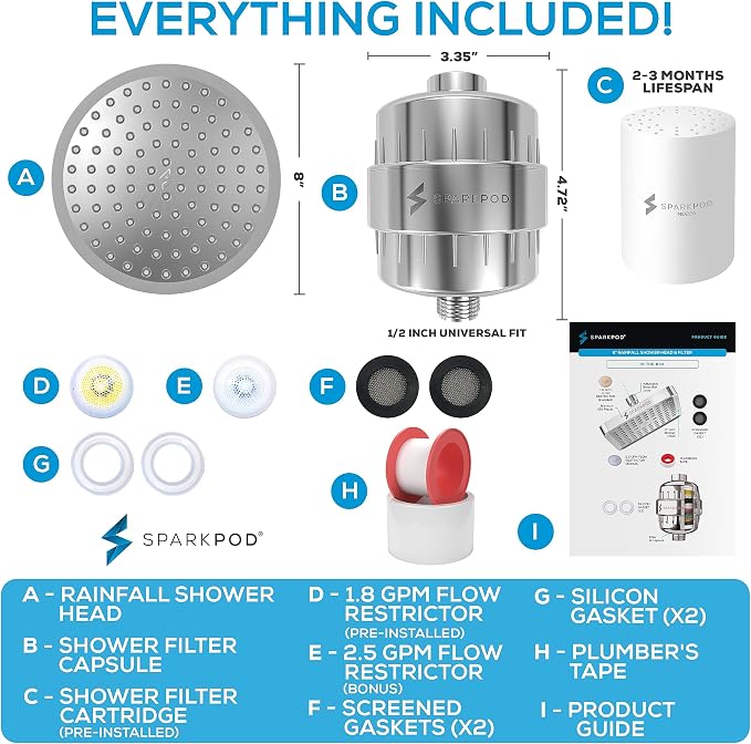 SparkPod Filtered Shower Head, 23-Stage, 8" Round, Polished Chrome | Showerhead for Hard Water, High Pressure, Reduces Chlorine, Heavy Metals, For Dry Skin & Hair, Removable Capsule Filter