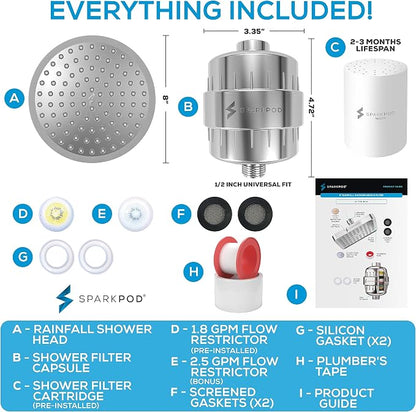 SparkPod Filtered Shower Head, 23-Stage, 8" Round, Polished Chrome | Showerhead for Hard Water, High Pressure, Reduces Chlorine, Heavy Metals, For Dry Skin & Hair, Removable Capsule Filter