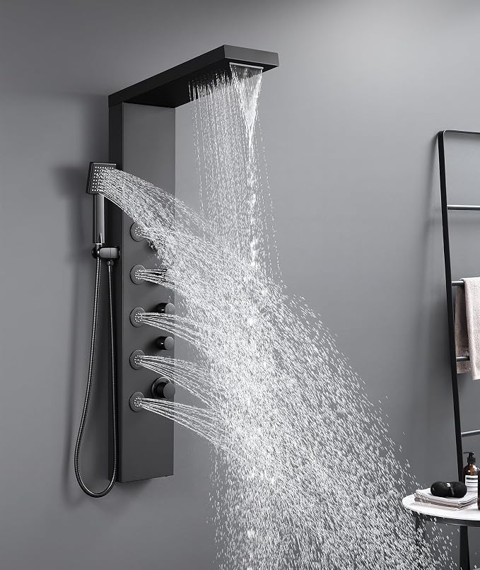 ROVATE 4-in-1 Rainfall Waterfall Shower Panel Tower System, Matte Black | Shower Column with Body Massage Jets and Handheld, Stainless Steel High Pressure, Use Multiple Functions Simultaneously
