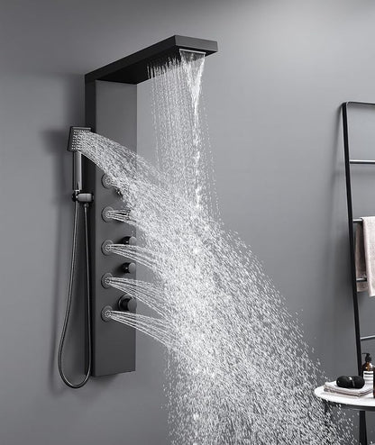 ROVATE 4-in-1 Rainfall Waterfall Shower Panel Tower System, Matte Black | Shower Column with Body Massage Jets and Handheld, Stainless Steel High Pressure, Use Multiple Functions Simultaneously