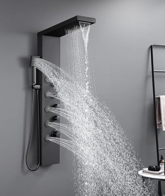 ROVATE 4-in-1 Rainfall Waterfall Shower Panel Tower System, Matte Black | Shower Column with Body Massage Jets and Handheld, Stainless Steel High Pressure, Use Multiple Functions Simultaneously
