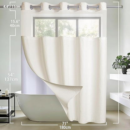 Conbo Mio No Hook Waffle Weave Shower Curtain with Snap in Liner Set, Hotel Luxury Beige Shower Curtains for Bathroom with See Through Top Window, Waterproof, Washable 71W x 74H