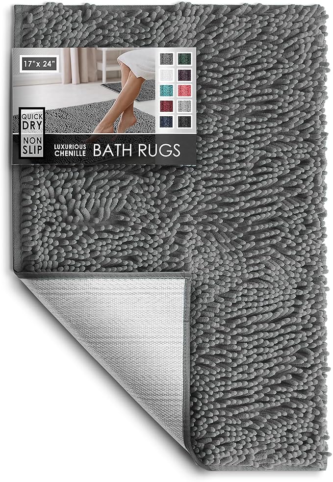 Hearth & Harbor Bathroom Rugs, Chenille Bath Mat - Machine Washable Bath Mats for Bathroom Non-Slip Backing Rubber, Quick Dry Bathroom Mat - Grey Bath Rug, 17x24