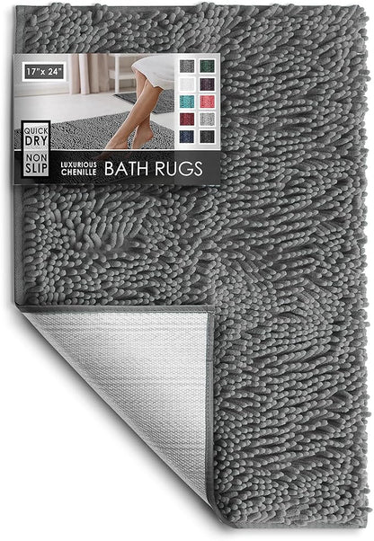 Hearth & Harbor Bathroom Rugs, Chenille Bath Mat - Machine Washable Bath Mats for Bathroom Non-Slip Backing Rubber, Quick Dry Bathroom Mat - Grey Bath Rug, 17x24