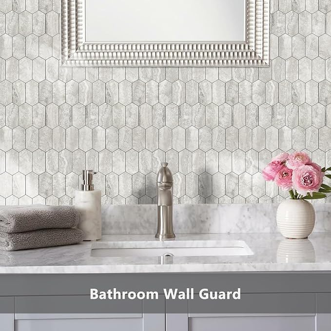 Vamos Tile Long Hexagon Peel and Stick Backsplash Tile - 10 Sheets Stick on Backsplash for Kitchen and Bathroom 12.4 x 12 Inch Beige Slate Look PVC Self Adhesive Mosaic Wall Tiles