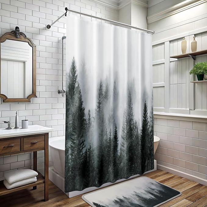 ORTIGIA 60x72 Misty Forest Stall Shower Curtain for Small Bathroom, Dark Green Narrow Nature Woodland Shower Curtain Set with Hooks, Waterproof Fabric Pine Tree Fog Magic Home Bath Curtain