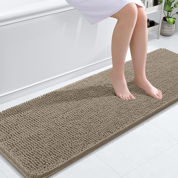 OLANLY Bathroom Runner Rugs 59x20, Extra Soft Absorbent Chenille Bath Rugs | Warm Taupe, Quick-Drying Rubber Backing, Washable Long Bath Mat for Bathroom Floor, Tub and Shower, Home Decor Accessories