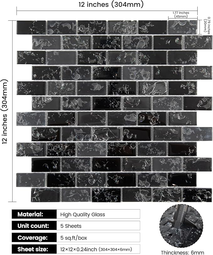 Glass Mosaic Tile Backsplash Black 12 Inch 5 sq.ft | Glass Tiles for Kitchen Backsplash Bathroom and Shower 5-Pack