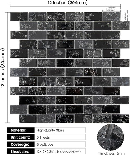 Glass Mosaic Tile Backsplash Black 12 Inch 5 sq.ft | Glass Tiles for Kitchen Backsplash Bathroom and Shower 5-Pack