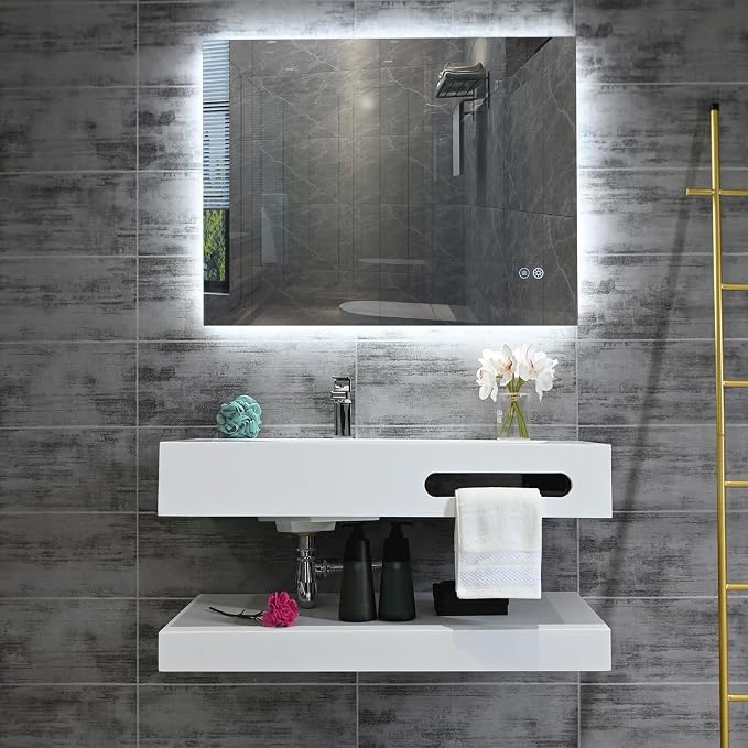 36"x19" Wall Mount Bathroom Vanity with Sink Stone Resin Floating Vanity Sink Rectangular Vessel Sinks for Bathroom White Trough with Shelf Layer (Mirror Not Included)