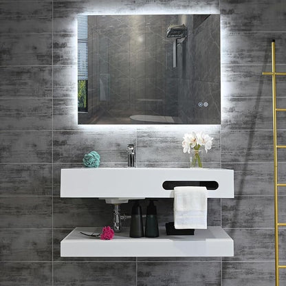 36"x19" Wall Mount Bathroom Vanity with Sink Stone Resin Floating Vanity Sink Rectangular Vessel Sinks for Bathroom White Trough with Shelf Layer (Mirror Not Included)
