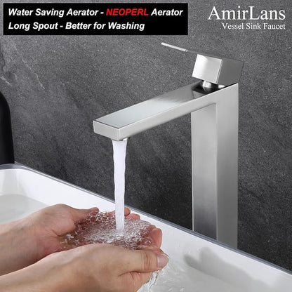 Brushed Nickel Vessel Sink Faucet, Tall Bathroom Faucet 1 Hole | Stainless Steel Single Hole Bathroom Sink Faucet, Tall Vanity Faucet with Pop Up Drain