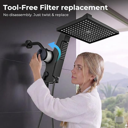 MakeFit Filtered Rain Shower Head with Handheld Combo High Pressure 12'' Rainfall Shower Heads & Hidden Detachable Wand Dual Showerhead Water Softener for Hard Water Easy Filter Replacement