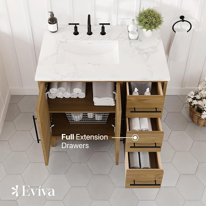 Eviva Graham 36 in. Oak Single Sink Bath Vanity with Arabescato Engineered Stone Top and Undermount Porcelain Sink