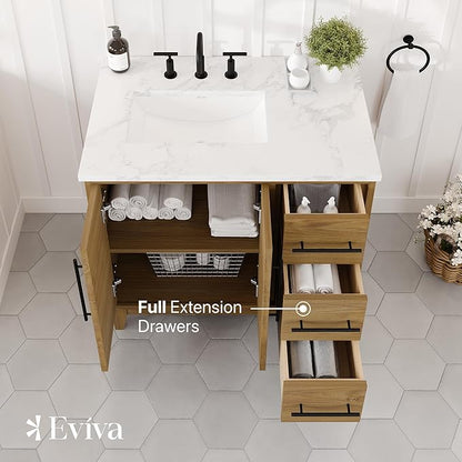 Eviva Graham 36 in. Oak Single Sink Bath Vanity with Arabescato Engineered Stone Top and Undermount Porcelain Sink