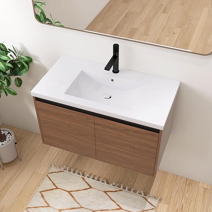 36" Floating Bathroom Vanity,36 Inch Bathroom Vanity with Sink,Single Sink Wall Mounted Vanity Combo,Dark Brown Wall Mounted Cabinet Set
