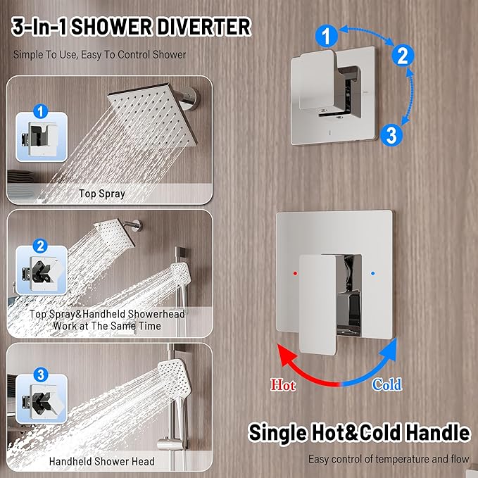 Rain Shower System - 6 inches Shower Head with Handheld Combo Set, Wall Mounted Shower Faucet Set with Slide Bar and 3-Setting Handheld Shower Head (Shower Valve and Trim Kit Included), Chrome