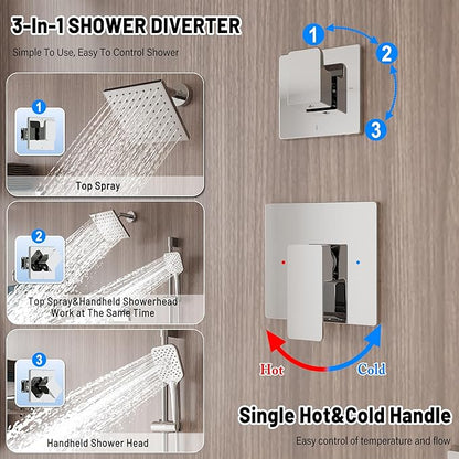 Rain Shower System - 6 inches Shower Head with Handheld Combo Set, Wall Mounted Shower Faucet Set with Slide Bar and 3-Setting Handheld Shower Head (Shower Valve and Trim Kit Included), Chrome