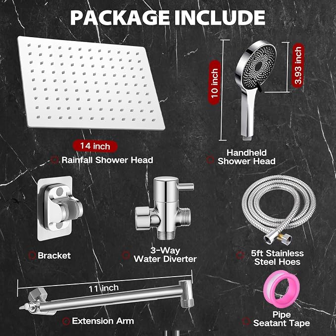 14 Inch Shower Head, Rain Shower Head with Adustable Extension Arm, Detachable Silver Rina Shower Head with Handheld Spray, High Pressure Shower Hose with Holder in Bathroom