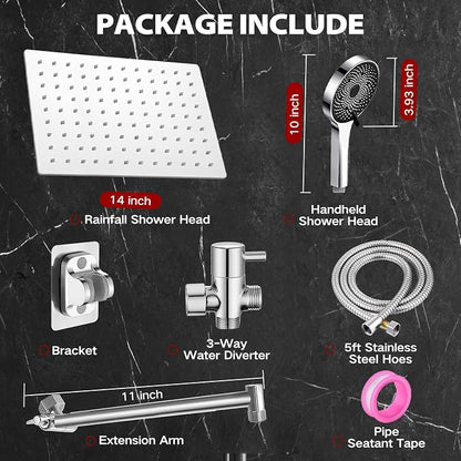 14 Inch Shower Head, Rain Shower Head with Adustable Extension Arm, Detachable Silver Rina Shower Head with Handheld Spray, High Pressure Shower Hose with Holder in Bathroom