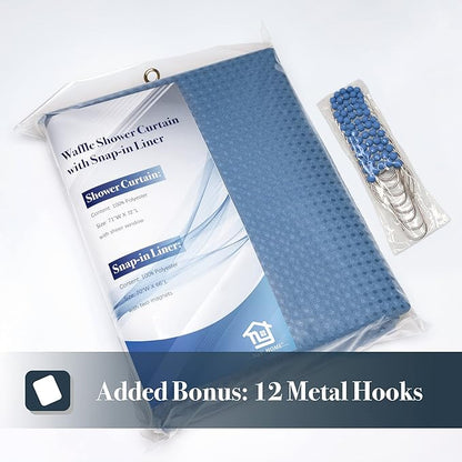 N&Y HOME Waffle Weave Shower Curtain with Snap-in Fabric Liner & Hooks Set - Hotel Style, Water-Repellent & Washable, Heavyweight Fabric & Mesh Top Window - 71x72, Moonlight Blue