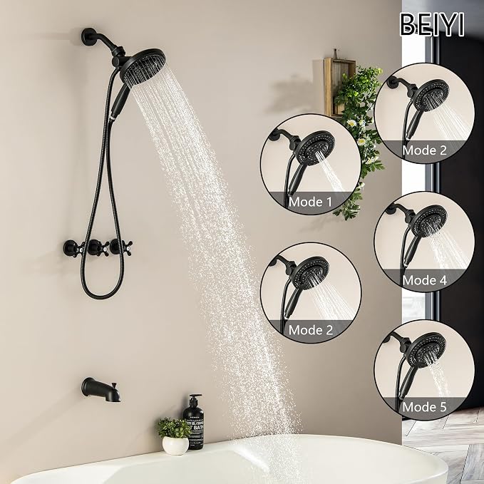3 Handles Tub and Shower Faucet Set Matte Black 2-in-1 Dual Shower Bathtub Shower Faucets Combo Three Knod Tub and Shower Trim Kit Shower System Complete