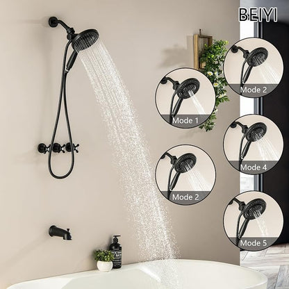 3 Handles Tub and Shower Faucet Set Matte Black 2-in-1 Dual Shower Bathtub Shower Faucets Combo Three Knod Tub and Shower Trim Kit Shower System Complete