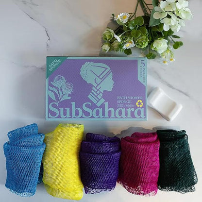 Authentic African Net Sponge, 5 Pack 45-Inch Exfoliating Bath Sponge and Shower Loofah for Body and Back, Colorfast Quick-Dry Knotted Mesh Scrubber with Travel Pouch