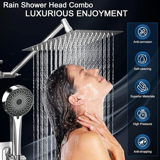Shower Head, Rain Shower Head with Handheld Spray Combo, 10 Inch Adjustable High Pressure Rainfall Shower Head, Dual Showerhead Set with Extension Arm and 60 Inch Long Shower Hose (Silver)