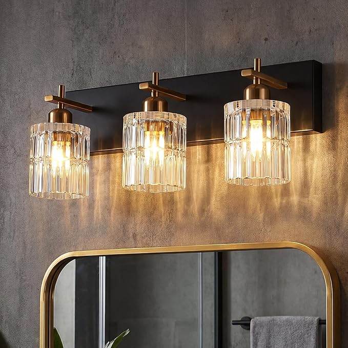 OCIOC Bathroom Vanity Light, 3-Light Black and Gold Vanity Lights over mirror, E26 Wall sconces with glass shape, Farmhouse Lighting fixture for bedroom, living room, hallway